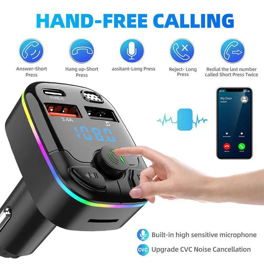 Bluetooth 5.0 Car Charger FM Transmitter – Hands-Free Car Kit with PD Type-C & Dual USB
