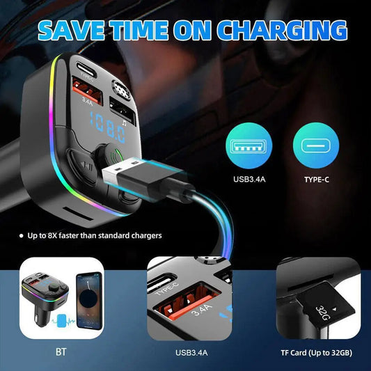 Bluetooth 5.0 Car Charger FM Transmitter – Hands-Free Car Kit with PD Type-C & Dual USB
